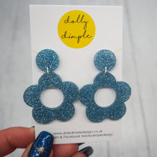 Load image into Gallery viewer, Retro Daisy Dangle Earrings- Ice Blue Glitter