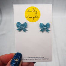 Load image into Gallery viewer, Gift Bow Stud Earrings in Ice Blue Glitter