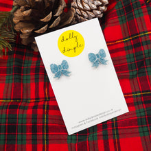 Load image into Gallery viewer, Gift Bow Stud Earrings in Ice Blue Glitter