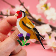Load image into Gallery viewer, Goldfinch on Thistle Brooch