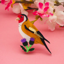 Load image into Gallery viewer, Goldfinch on Thistle Brooch