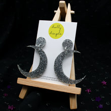 Load image into Gallery viewer, Silver Glitter Crescent Moon Earrings