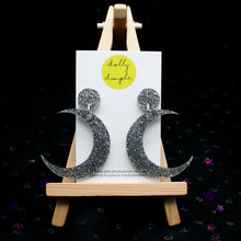 Load image into Gallery viewer, Silver Glitter Crescent Moon Earrings