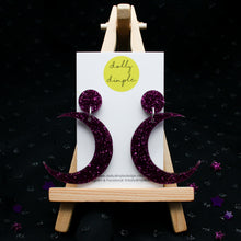 Load image into Gallery viewer, Purple Glitter Moon Dangle Earrings