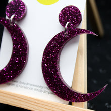 Load image into Gallery viewer, Purple Glitter Moon Dangle Earrings