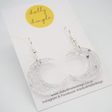 Load image into Gallery viewer, Moon Dangle Earrings, Silver Star Fleck Glitter
