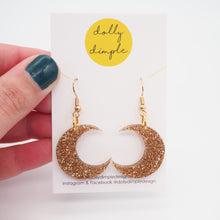 Load image into Gallery viewer, Moon Dangle Earrings, Gold Glitter
