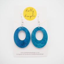 Load image into Gallery viewer, Oval Dangle Earrings, Blue Marble Sparkle Acrylic