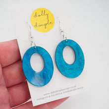 Load image into Gallery viewer, Oval Dangle Earrings, Blue Marble Sparkle Acrylic