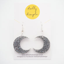 Load image into Gallery viewer, Moon Dangle Earrings, Silver Glitter