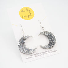Load image into Gallery viewer, Moon Dangle Earrings, Silver Glitter
