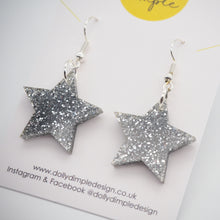 Load image into Gallery viewer, Star Dangle Earrings, Silver Glitter