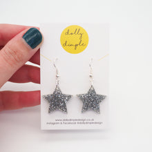 Load image into Gallery viewer, Star Dangle Earrings, Silver Glitter