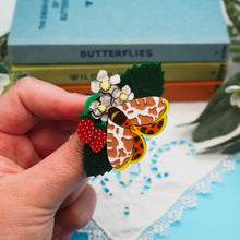 Load image into Gallery viewer, Garden Tiger Moth on Strawberry Plant Acrylic Brooch
