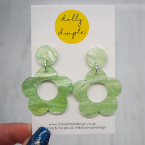 Retro Daisy Dangle Earrings- Green Marble Sparkle