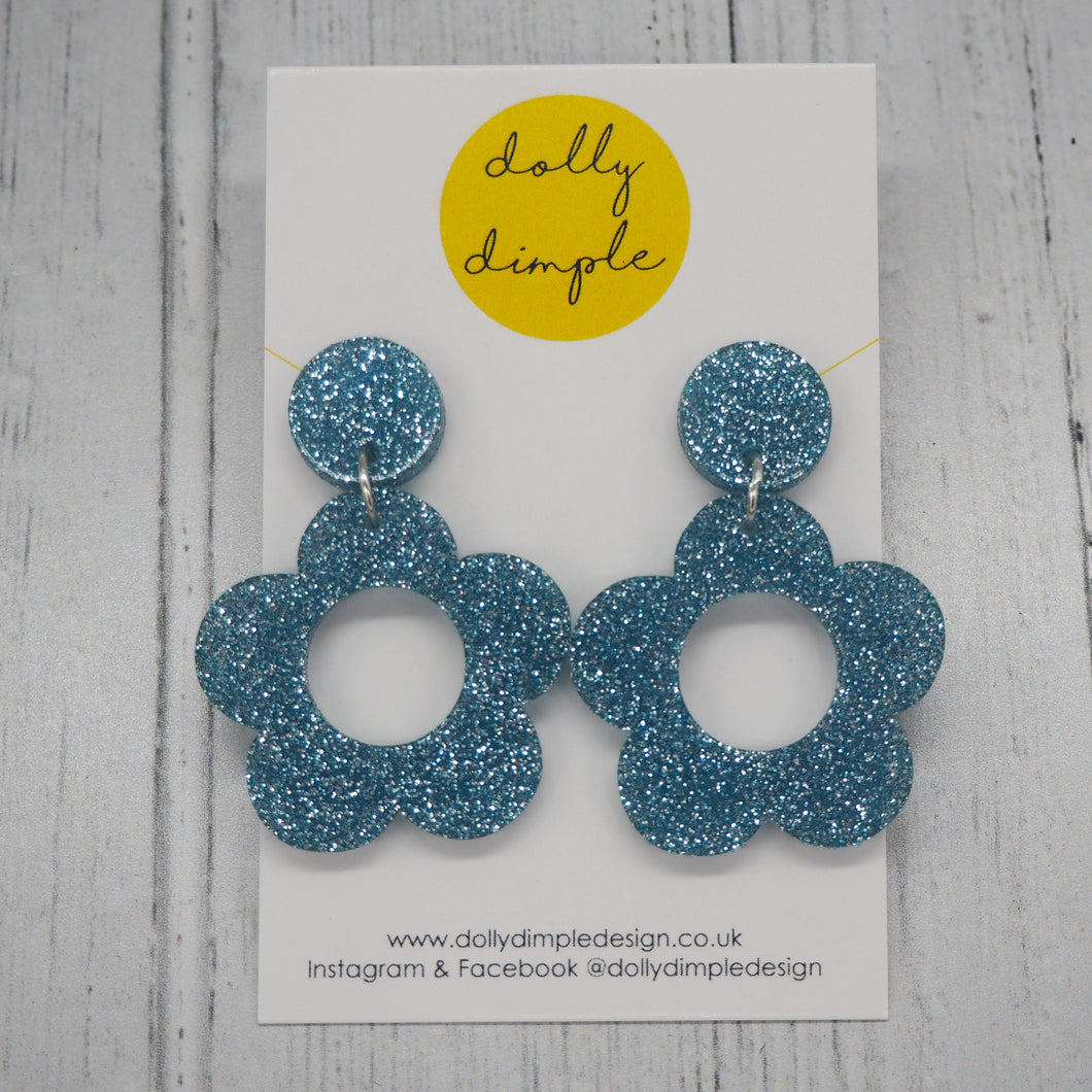 Retro Daisy Dangle Earrings- Ice Blue Glitter