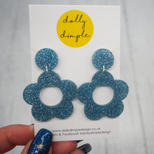 Load image into Gallery viewer, Retro Daisy Dangle Earrings- Ice Blue Glitter
