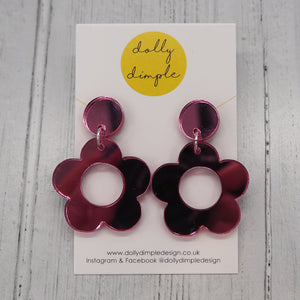 Retro Daisy Dangle Earrings- Pink Mirror