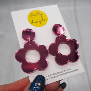 Retro Daisy Dangle Earrings- Pink Mirror