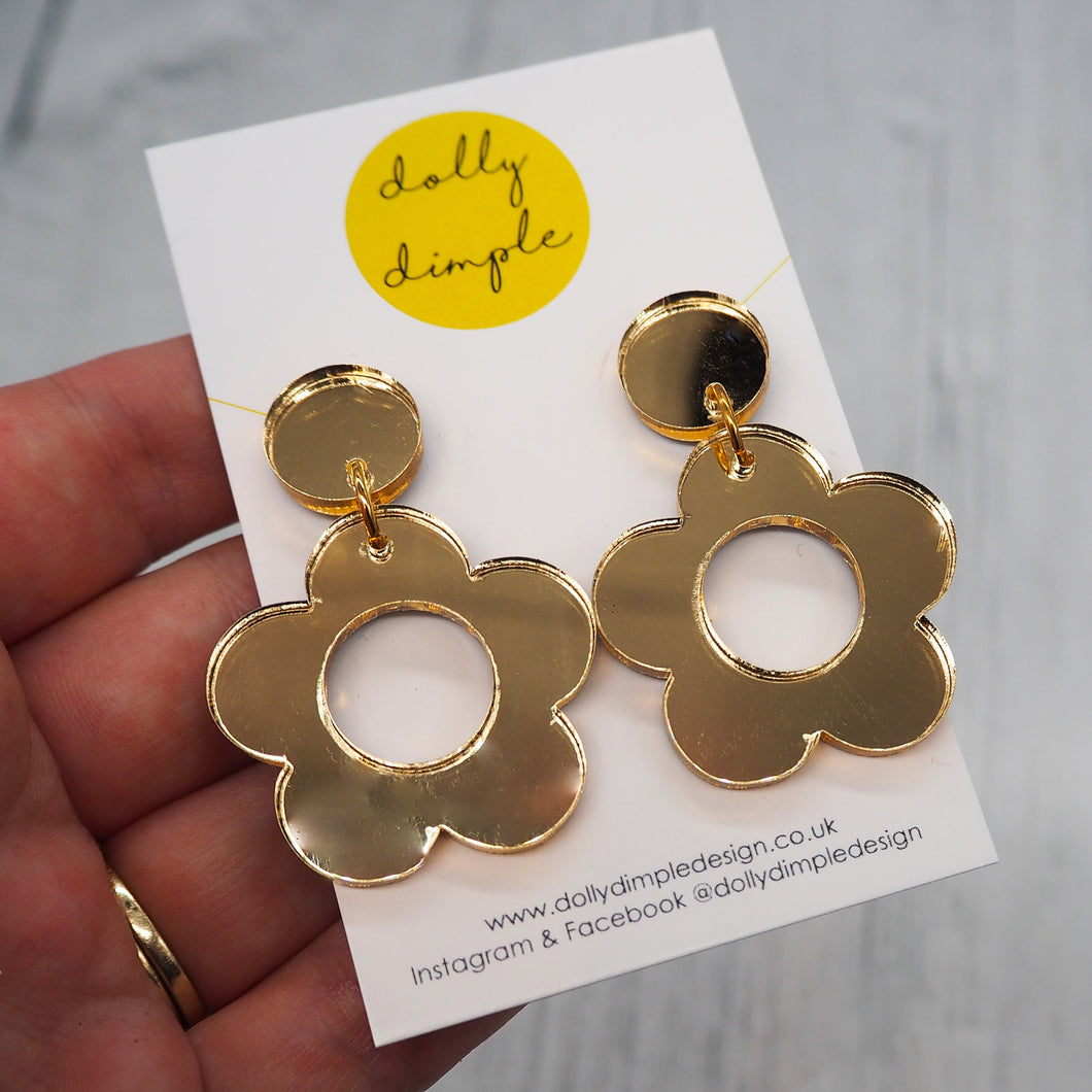 Retro Daisy Dangle Earrings- Gold Mirror