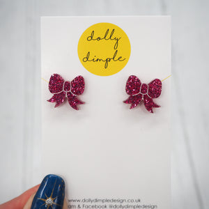 Gift Bow Stud Earrings in Pink Glitter