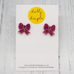 Gift Bow Stud Earrings in Pink Glitter