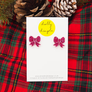 Gift Bow Stud Earrings in Pink Glitter