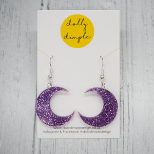 Crescent Moon Dangle Earrings - Glitter Purple