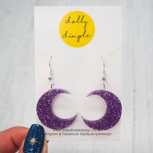 Crescent Moon Dangle Earrings - Glitter Purple