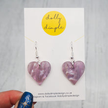 Load image into Gallery viewer, Heart Dangle Earrings - Lavender Marble Sparkle
