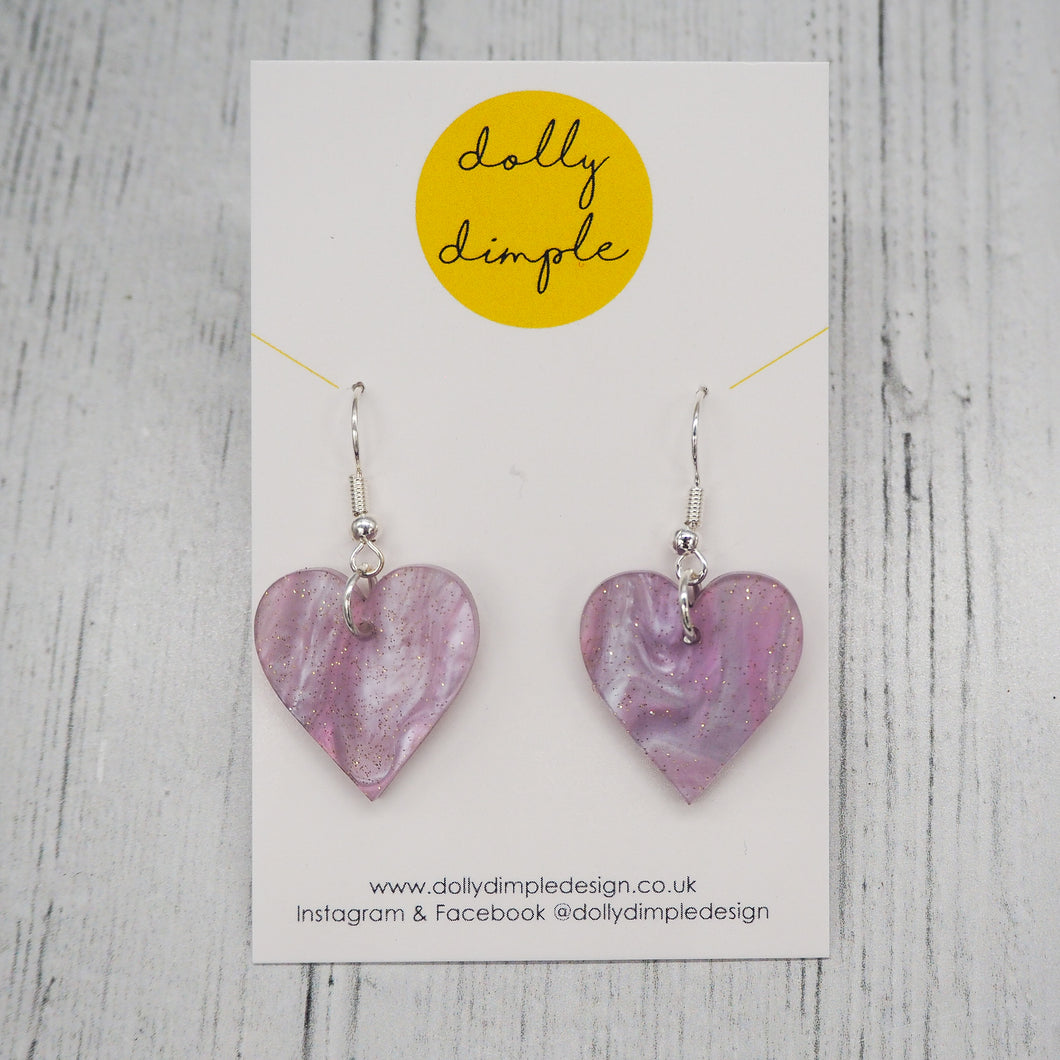 Heart Dangle Earrings - Lavender Marble Sparkle