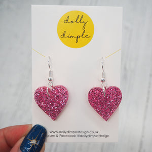 Heart Dangle Earrings - Pink Glitter