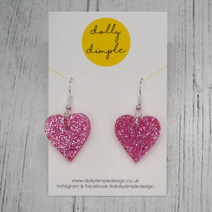 Heart Dangle Earrings - Pink Glitter