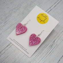 Load image into Gallery viewer, Heart Dangle Earrings - Pink Glitter
