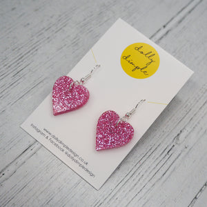 Heart Dangle Earrings - Pink Glitter