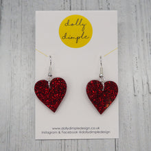 Load image into Gallery viewer, Heart Dangle Earrings - Red Glitter
