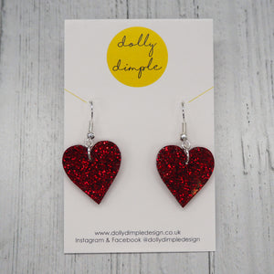 Heart Dangle Earrings - Red Glitter