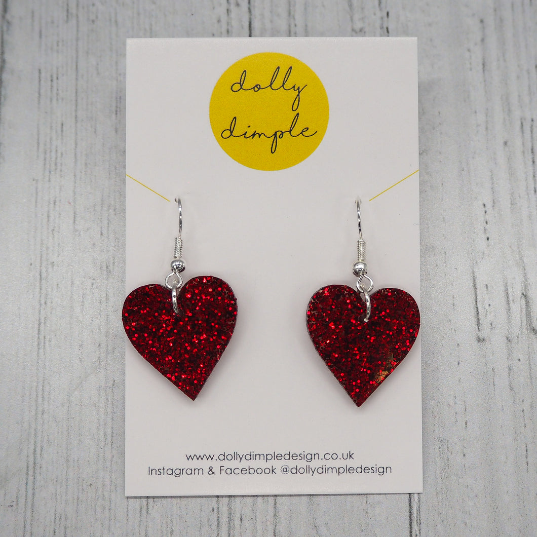 Heart Dangle Earrings - Red Glitter