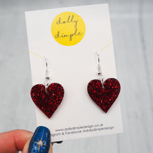 Load image into Gallery viewer, Heart Dangle Earrings - Red Glitter
