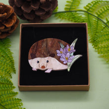 Load image into Gallery viewer, Hedgehog Among the Crocuses Acrylic Brooch
