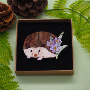 Hedgehog Among the Crocuses Acrylic Brooch