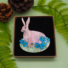 Load image into Gallery viewer, Bloom Where You Rest - Hare and Forget Me Not Acrylic Brooch
