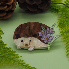 Load image into Gallery viewer, Hedgehog Among the Crocuses Acrylic Brooch
