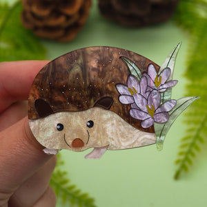 Hedgehog Among the Crocuses Acrylic Brooch