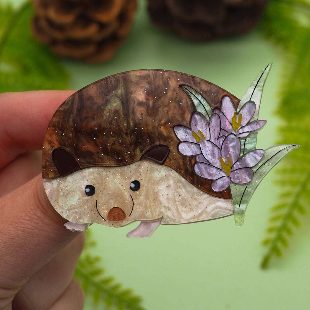 Hedgehog Among the Crocuses Acrylic Brooch
