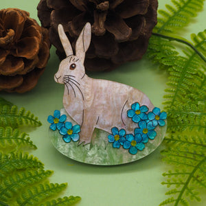 Bloom Where You Rest - Hare and Forget Me Not Acrylic Brooch