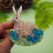 Load image into Gallery viewer, Bloom Where You Rest - Hare and Forget Me Not Acrylic Brooch
