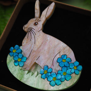 Bloom Where You Rest - Hare and Forget Me Not Acrylic Brooch