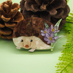 Hedgehog Among the Crocuses Acrylic Brooch