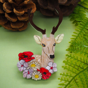 Deer Among Wildflowers Acrylic Brooch